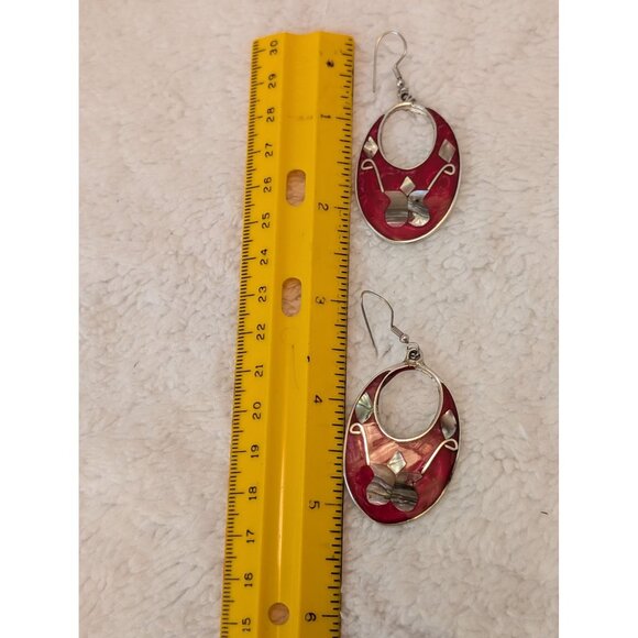 Vintage Alpaca Mexico Red & Silver Oval Drop Earrings M-O-P Inlay & Hook Closure - Picture 5 of 7